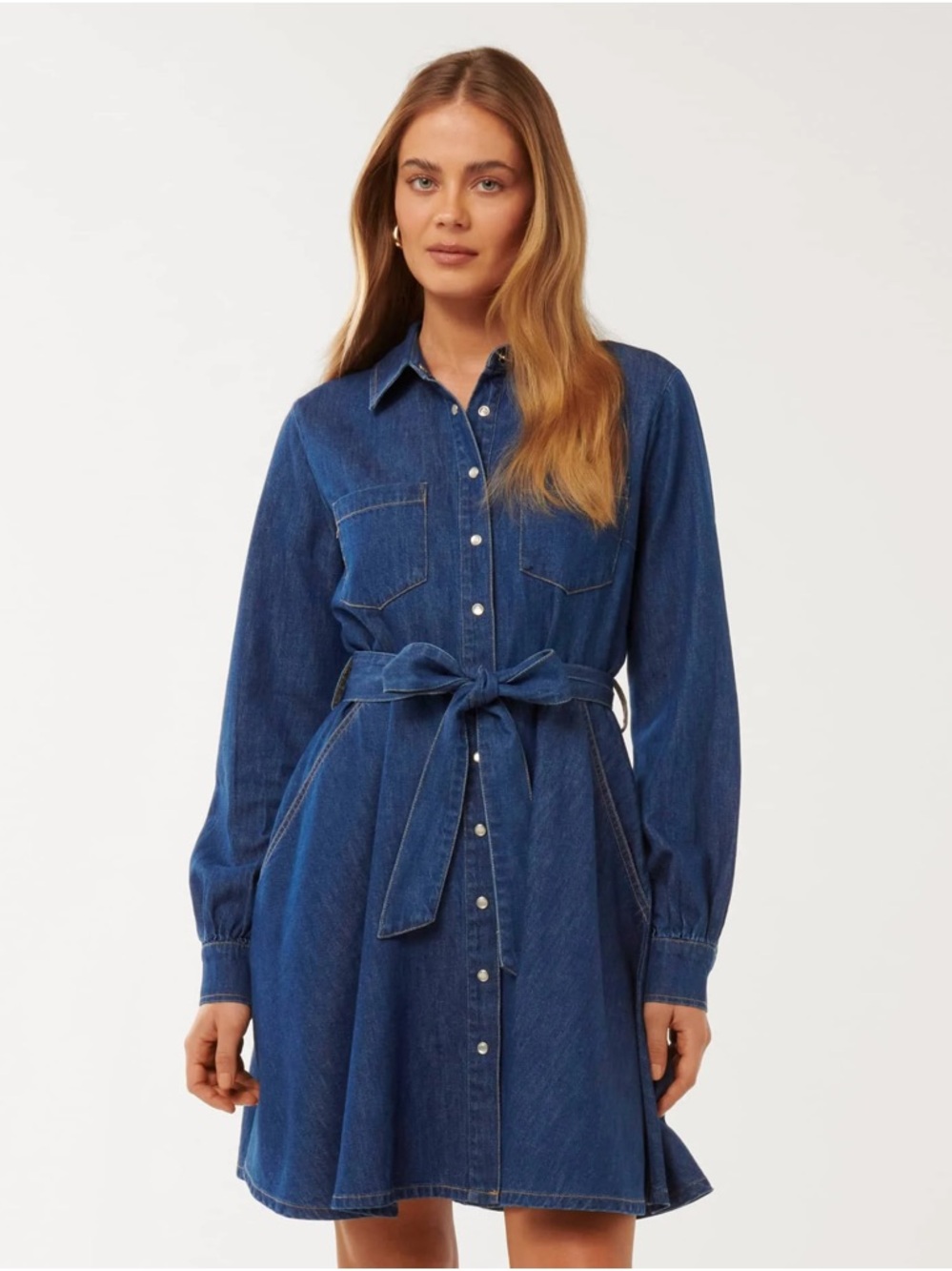 Ever New Classic Blue Denim Shirt Dress with Tie Waist
